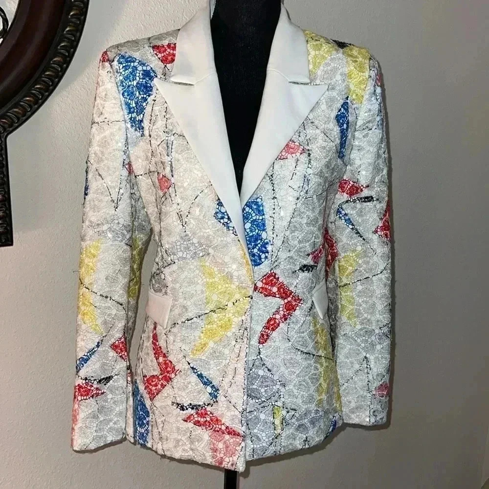 L'MOMO Women’s Abstract Sequin Lace Blazer with White Lapel Size 8 NWT